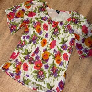 Rafaella Floral Lace Flutter Sleeve Top White Multi-Color Blouse M